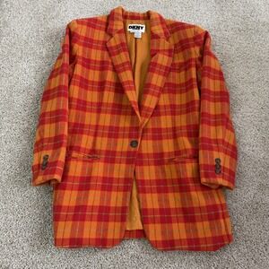 Vintage DKNY Jeans Blazer Jacket Womens 6 Orange Plaid Tweed Single Button Lined